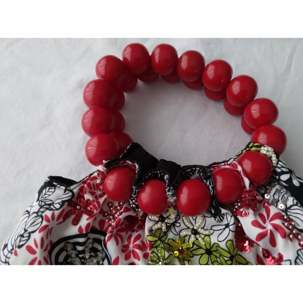 Womens Black White Sequin Beaded Handbag Italy Red Green Floral Red Bead Handles - Picture 3 of 9